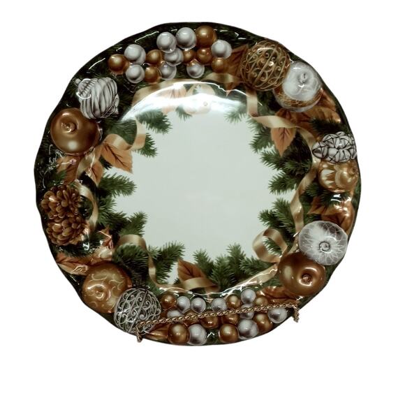 Vintage Green Gold Christmas Serving Trays Platters Decor Set of 2 Plastic 11" - Picture 1 of 11